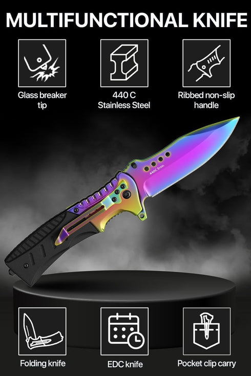 Grand Way Pocket Knife, Rainbow EDC USMC Jack Folding Knife, Best Camping Survival Gear, Gifts for Men 0208 BR