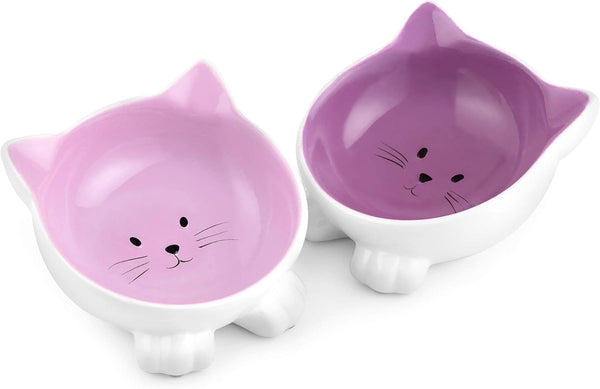 Navaris Cat Bowls with Ears - 2 Pack Ceramic Cat Feeding Dishes with Anti Slip Silicone Feet, Cat Shaped Bowls Set
