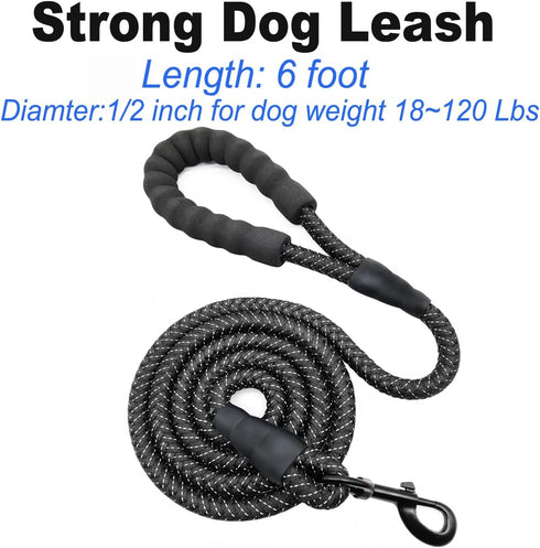 6 FT Black Dog Leash, Strong Rope Heavy Duty with Highly Reflective Threads and Soft Padded Handle for Medium Large