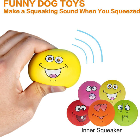 Squeaky Dog Toy, Durable Chewing Latex Rubber Balls with Funny Face for Puppy Small Medium Dogs (5PCS)