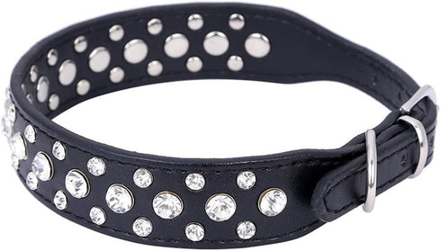 Dogs Kingdom Personalized Rhinestone Leather Bling Crystal Pet Dog Cat Collars, 12"-20" Length, Black S
