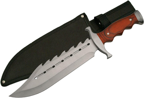 SZCO Supplies 15" Gator Back Bowie Knife - Stainless Steel Wood Handle with Sheath, Brown