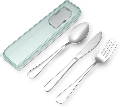 Travel Utensils with Case, 4pcs Stainless Steel Cutlery Set for Camping, Picnic, Hiking, Office (Light Green)