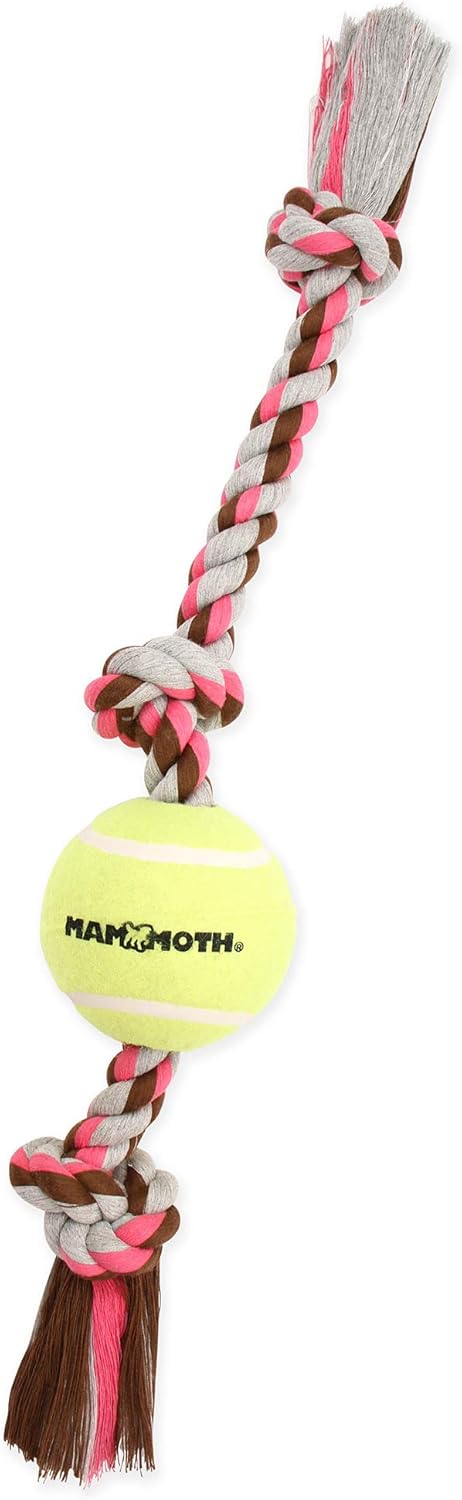Mammoth Flossy Chews Color 3 Knot Tug with Large Tennis Ball - Premium Cotton-Poly Tug Toy for Large Dogs - 24”