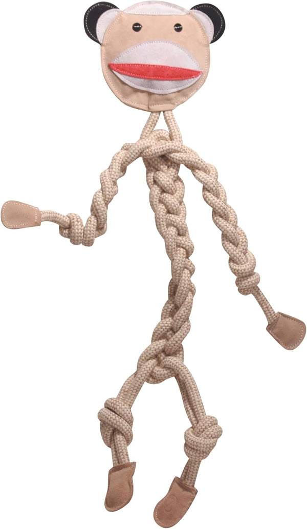 HuggleHounds Natural Rope Knottie - Leather Dog Toy for Aggressive Chewers, Stuey Sock Monkey