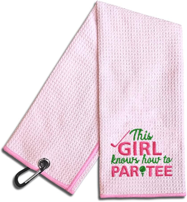 This Girl Knows How to Par Tee Embroidered Pink Golf Towel, Funny Gift for Grandma Mom Golfer
