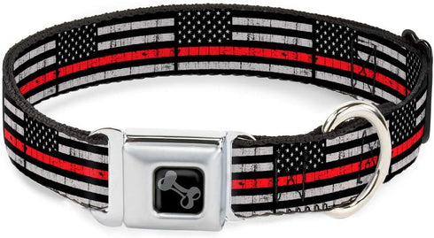 Dog Collar Seatbelt Buckle Thin Red Line Flag, Weathered Black Gray Red, 13 to 18 Inches, 1.5 Inch Wide