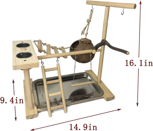 Hamiledyi Parrot Playground Bird Play Stand Natural Wood Parrot Perch Gym with Feeder Cups Cockatiel Nest with Ladder