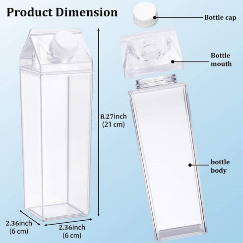 FveBzem 2 Pack 17oz/500ml Milk Carton Water Bottle Plastic Milk Box BPA Free Child Friendly Reusable Milk Carton Shaped
