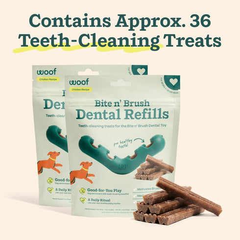 36 2 Pack WOOF - Bite n' Brush Refills Treats for the Dog Toothbrush Toy - Scrub Plaque and Tartar from Your Dog's