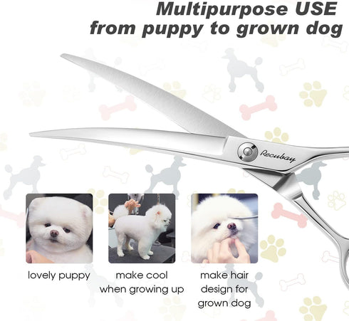 Dog Cat Scissors for Grooming, Stainless Steel Shears for Thick Coats and Matted Hair (7.0" Curved Silver)