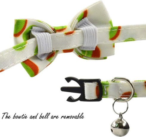 Cat Collar Bow Tie with Bell, Breakaway Kitten Collar, Cool Fruits Design, Adjustable 7.5-11in (Kiwi)