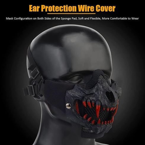 Tactical Half Face Skull Masks for Airsoft, Mesh Mask with Ear Protection for Halloween Paintball Hunting