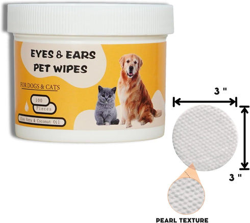 Eye & Ear Wipes for Pets, 100 Count Cleanser for Dogs and Cats, Non-Irritating with Aloe Essence and Coconut Oil