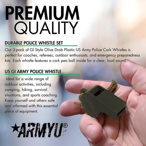Olive Drab Plastic US Army Police Cork Whistle with Lanyard Necklace, 3-Pack Military Issue OD Green
