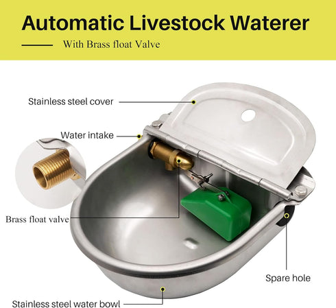 85oz, 304 3/4" Automatic Dog Water Bowl Dispenser Stainless Steel Self-Filling Bowl with Brass Float Valve for Outdoor