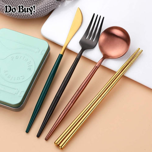 Portable & Reusable Stainless Steel Travel Cutlery Set,Folding Utensil Set with Case ,for Camping, Picnic, Office and On-The-Go (Pocket Sized Flatware Set) (Black) (silver) by Do Buy