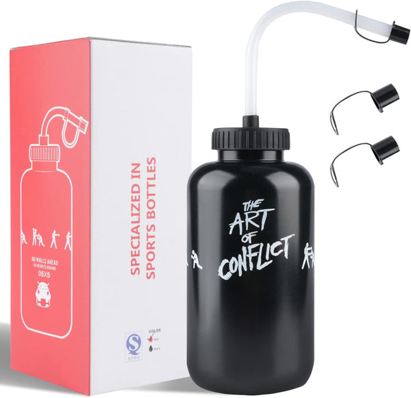 SHOKE Long Straw Water Bottle, 1 Liter, BPA Free Squeeze Leak Proof Sports Bottle, Black