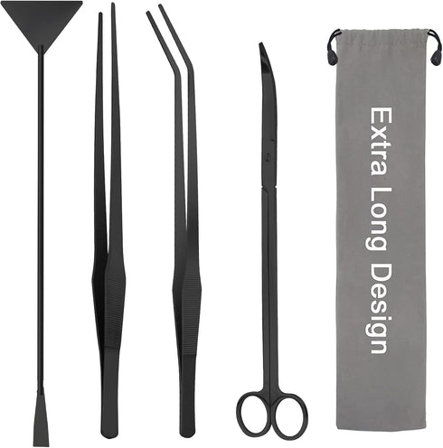 15in Aquarium Aquascape Tools Kit, 4 in 1 Stainless Steel Aquatic Plant Tool Set (Black)
