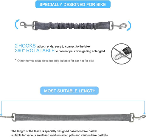 Dog Seat Belt for Bike Basket, Retractable Elastic Safety Leash Harness for Cat and Dog, Grey