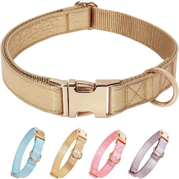 Glare Gold Dog Collar, Leather and Nylon Double Layer Design, Adjustable Heavy Duty with Quick Release Buckle for Dogs
