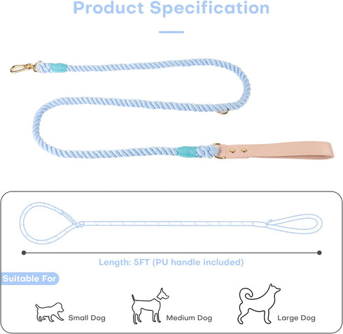 Lucky Monet 5FT Cotton Dog Leash - Ombre Rope Heavy Duty Braided Training with Comfortable PU Leather Handle for Small,