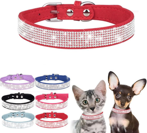Bling Dog Collar, Rhinestone Sparkle Fancy Leather Collar for XXS to XXL Dogs, Red XS