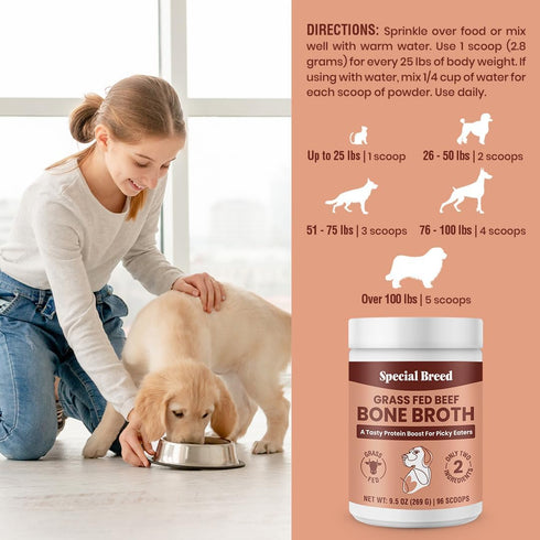 Bone Broth Powder for Dogs and Cats, Grass Fed Beef Broth Food Topper Supplement, 9.5 oz