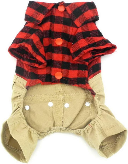 SMALLLEE_LUCKY_STORE Pet Clothes for Small Dog Cat, Red Plaid Shirt with Khaki Overalls, M
