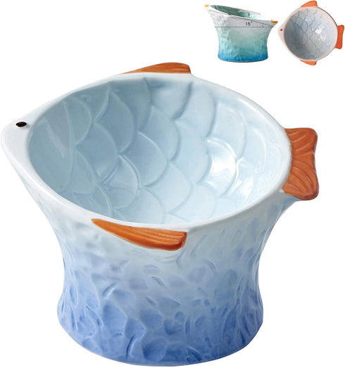 Raised Tilted Ceramic Cat Food Bowl - Cute Fish Shape Elevated Slanted Dish for Kitty Dry Wet Treats