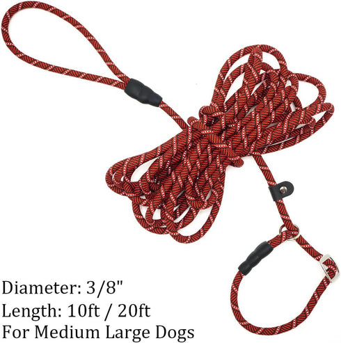 10FT / 20FT Long Slip Lead Dog Leash, 3/8" Thick Nylon Reflective Rope Anti-Choke Training Lead for Medium Large Dogs