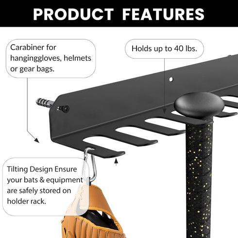 Wall Mount Baseball Bat Rack, Holds 16 Bats, Heavy Duty Organizer for Home Gym Sports Equipment