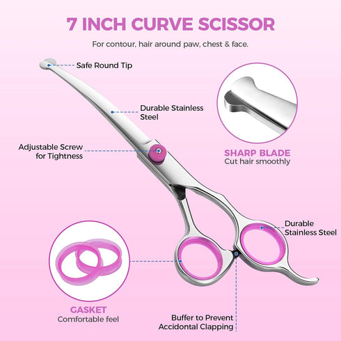 Maxshop Dog Grooming Scissors Set of 3, Heavy Duty Titanium Trimmer Kit with Safety Round Tips for Dogs and Cats (Pink)