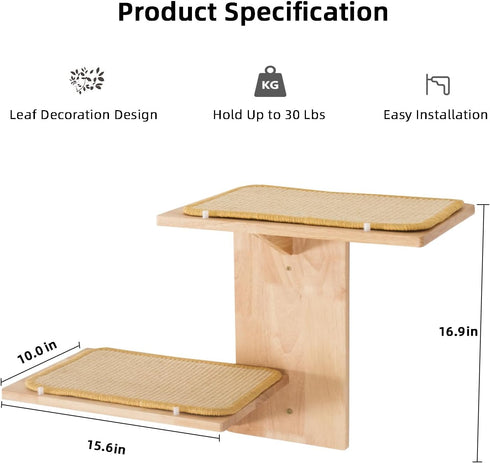 2 Meowoou Cat Wall Shelves with Leaves, Platform Cat Wall Furniture, Cat Tree Shelves, Rubber Wood Wall Perch with Mat
