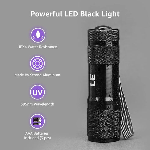 Lighting EVER Black Light Flashlight - Small UV Lights 395nm, Portable Ultraviolet Light Detector, AAA Batteries