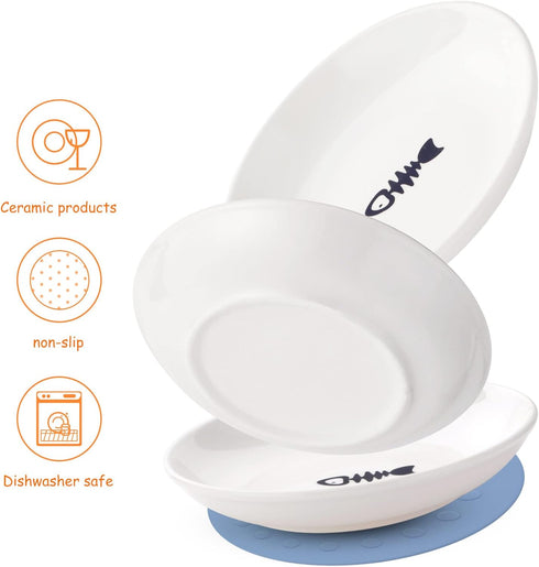 Dorakitten Ceramic Cat Food Plates, Wide Bowls for Wet Food, Shallow Dishes for Kittens with Non-Slip Mat