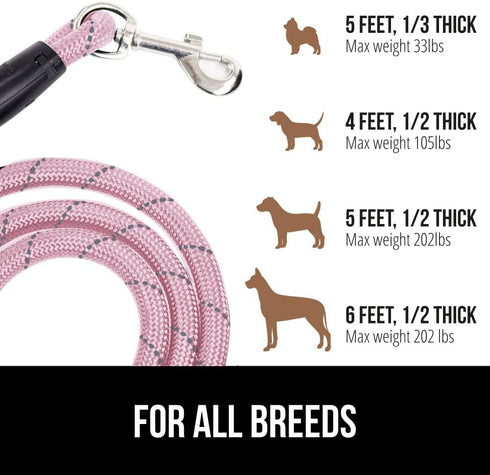 Gorilla Grip Heavy Duty Dog Leash - Soft Handle, Strong Reflective Rope for Night Walking, Pink