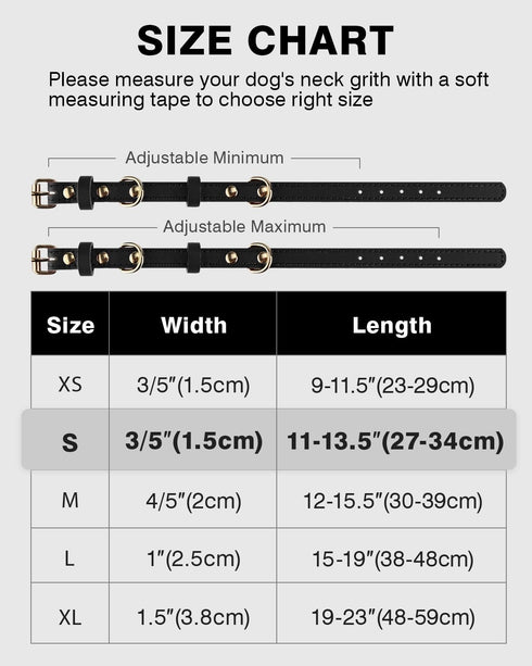 Joytale Genuine Heavy Duty Leather Dog Collars for Small Dogs, Soft Metal Buckle, QR ID Tag, Black, S