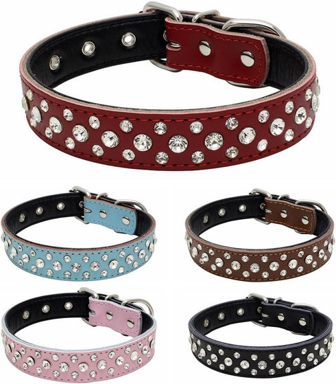 Rhinestones Dog Collar, Adjustable Sparkly Crystal Studded Genuine Leather for Small and Medium Dogs (S, Brown)