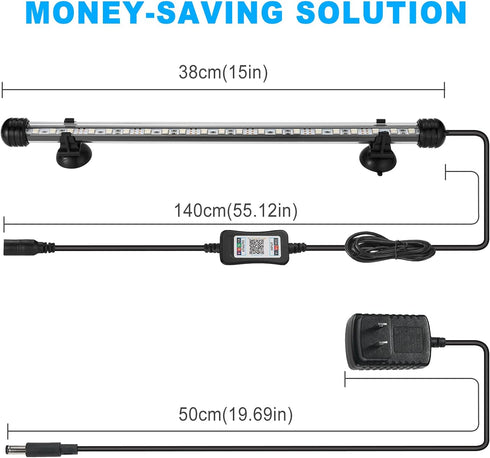 GreenSun Fish Tank Aquarium Light, Submersible LED Lamp, 15 Inch Waterproof Strip with APP Control