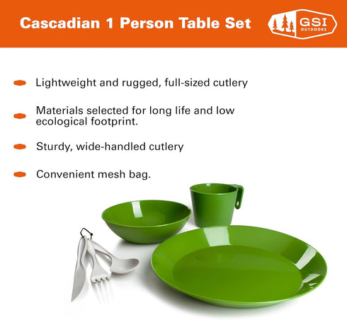 GSI Outdoors Cascadian 1 Person Table Set, 6-Piece Camping Mess Kit, Plastic BPA Free Plate, Bowl, Mug, Cup & Cutlery