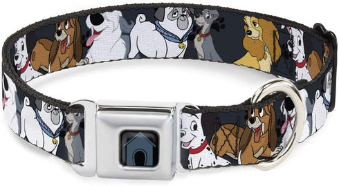 Buckle-Down Dog Collar Seatbelt Buckle Disney Dogs Group Collage Paws Gray Black, 1.5 Inch Wide - Fits 16 to 23 Inches