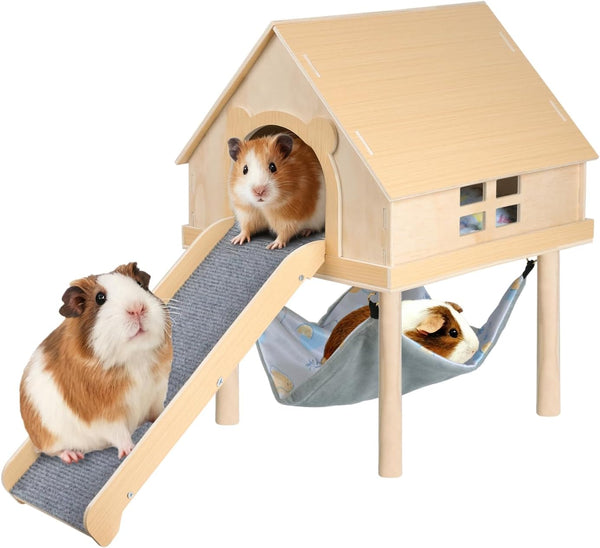 LUCKYBOPAN Guinea Pig Hideout- Wooden Guinea Pig Toys with Stairs and Mat &