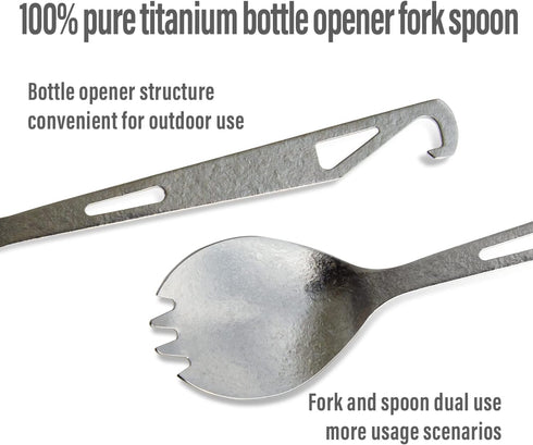 TiTo Bright Blue Titanium Bottle Opener Spork, Lightweight Portable Reusable Flatware for Camping, Hiking, Picnics