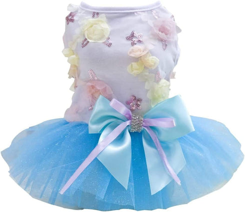 Puppy Skirt Dog Dresses for Small Dogs - Princess Tutu Flower Sequin Dot Wedding Lace Bow Dresses - Blue, Size L