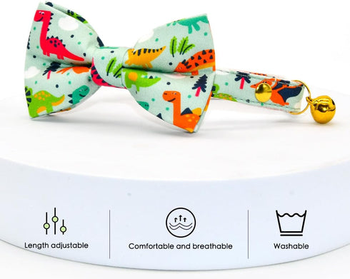 Cute Green Dinosaur Cat Bow Tie Collar, Breakaway with Bell, Safety Plastic Buckle for Cats
