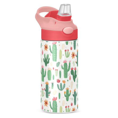 Wfrish Colorful Cacti Flowers Kids Water Bottle with Straw Lid 12 oz Insulated