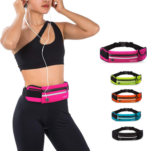 Jueachy Waterproof Running Belts for Women, Adjustable Fanny Pack Waist Pouch with Phone Holder and Headphone Port