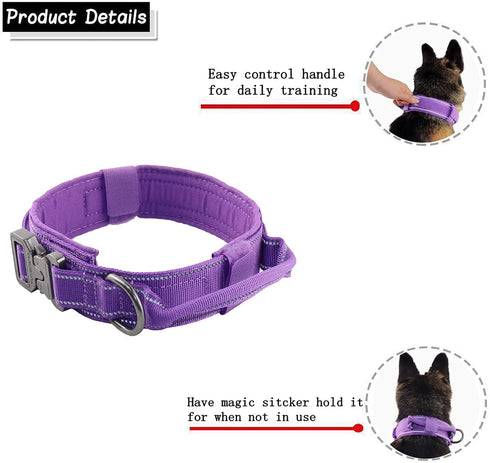 Tactical Dog Collar with Heavy Duty Metal Buckle and Control Handle for Medium Large Dogs Training, Purple, Large