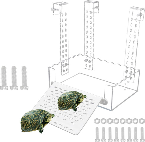 VIKKSAER Turtle Basking Platform - Simulated Lawn, Transparent Aquatic Reptile Tortoise Resting Dock, Hanging Ramp (XL)